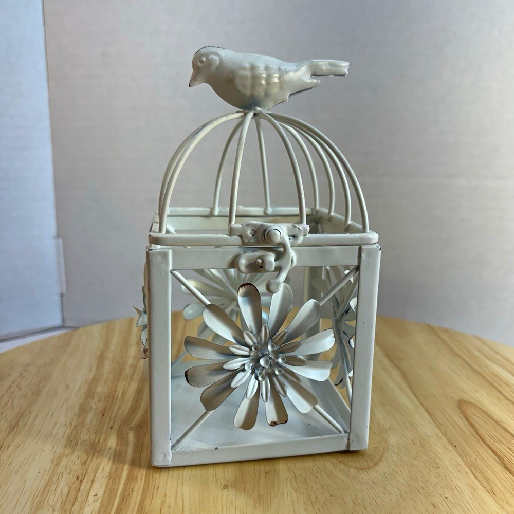 White Metal Cage Candle Lantern Bird Top Floral Panels 6.75 x 3.5in